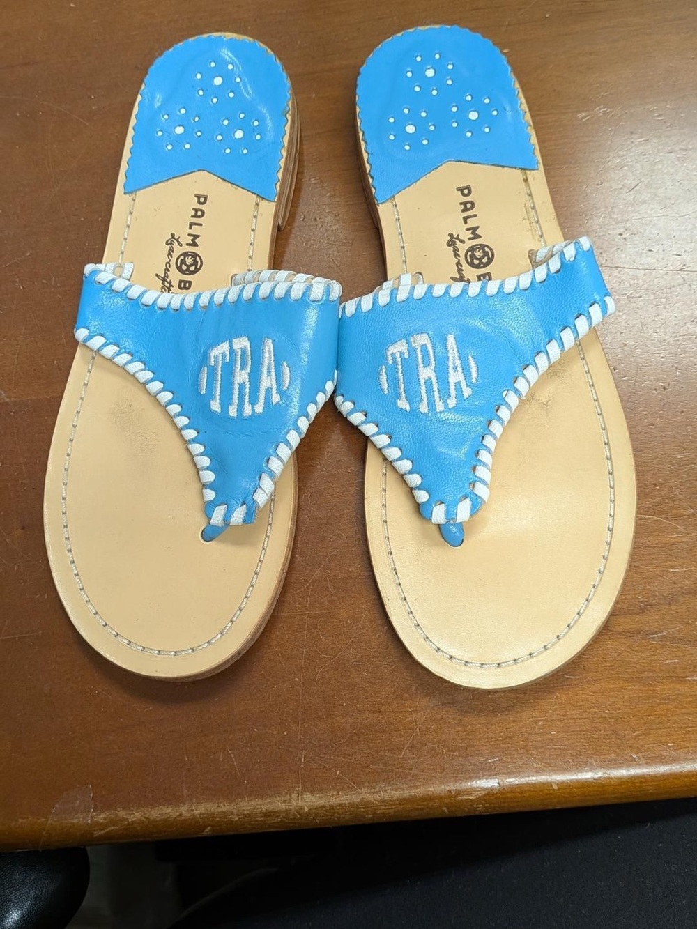 Palm Beach Sandals Sky Blue Whipstitch Monogram Toe-Post Sandals